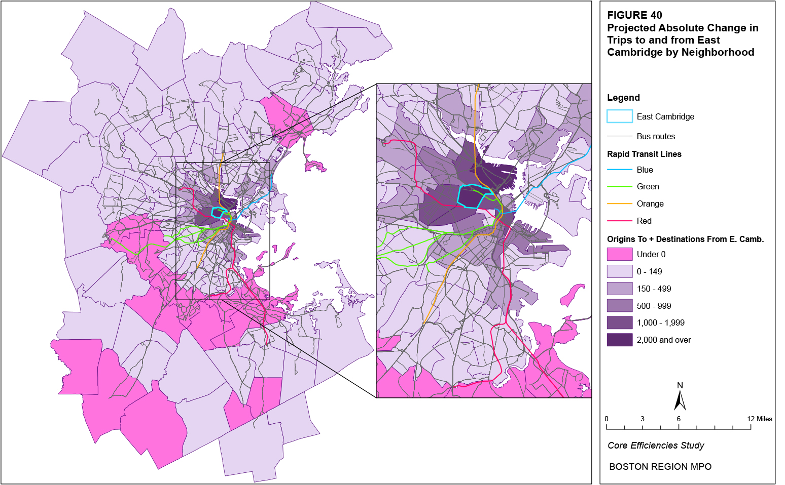 This map shows the projected absolute change in trips to and from the East Cambridge neighborhood by neighborhood.